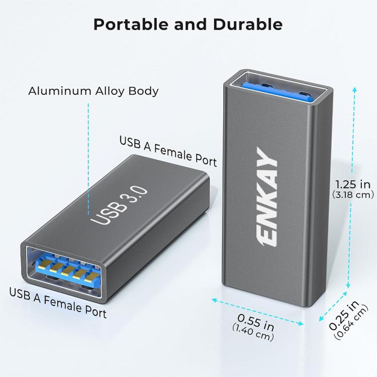 ENKAY ENK-AT138 Aluminium Alloy USB 3.0 Female to Female Data Adapter Converter 5Gbps Transmission, 1 PC, 2 PCS
