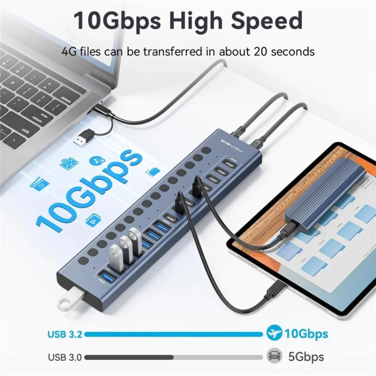 ACASIS HB16Pro Individual Switches 16-Port USB 3.2 Hub with 96W 12V / 8A Adapter, HB16Pro