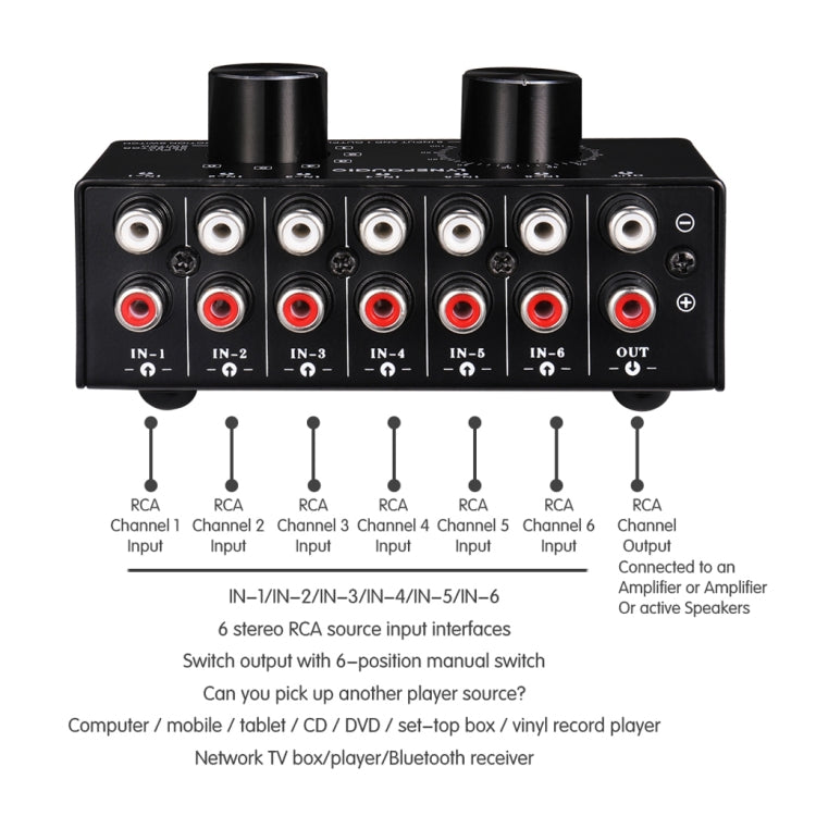 Selettore audio 6 ingressi 1 uscita con controllo volume