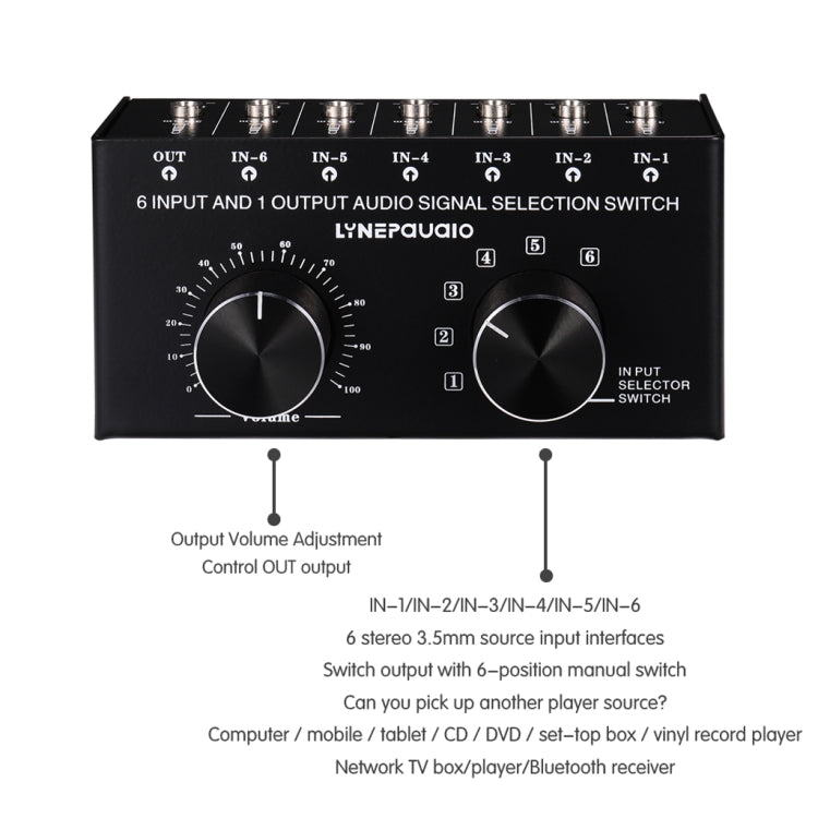 Selettore audio 6 ingressi 1 uscita con controllo volume