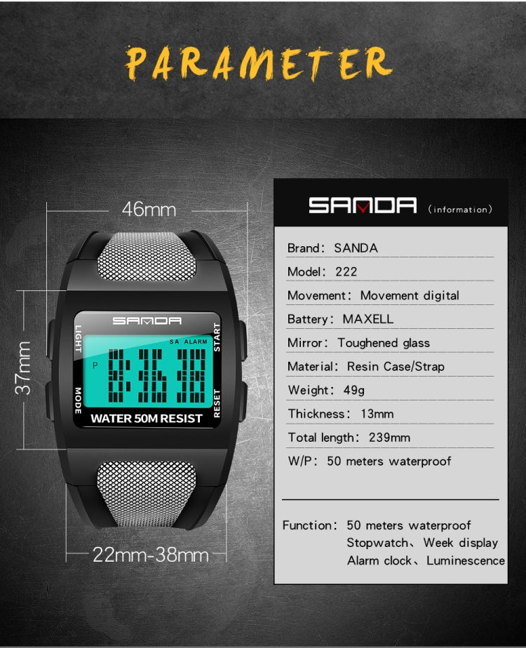 SANDA 222 Orologio sportivo digitale impermeabile 50M