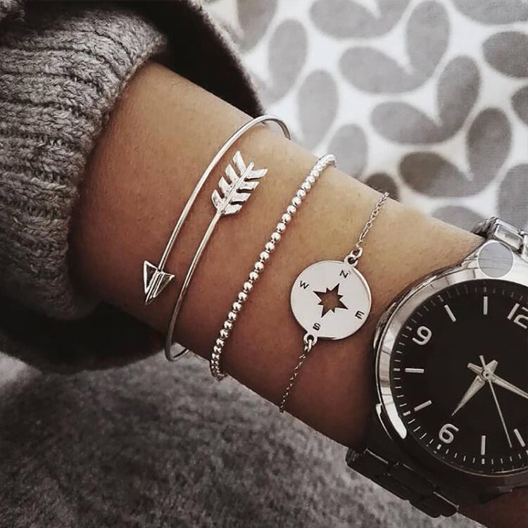 Bracciale donna argento con 3 perline e bussola a freccia