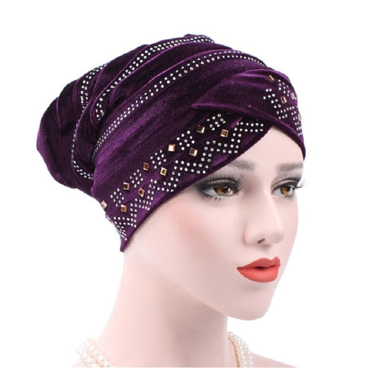 Cappello impilabile con turbante e strass in pleuche