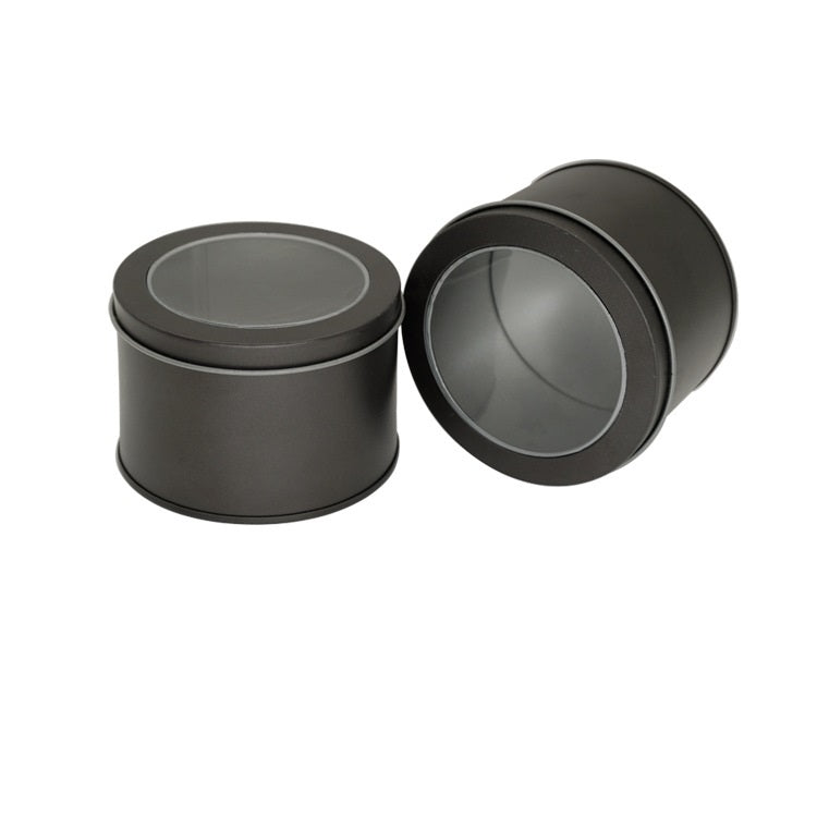 Scatola di latta rotonda con coperchio trasparente 9x9x7cm