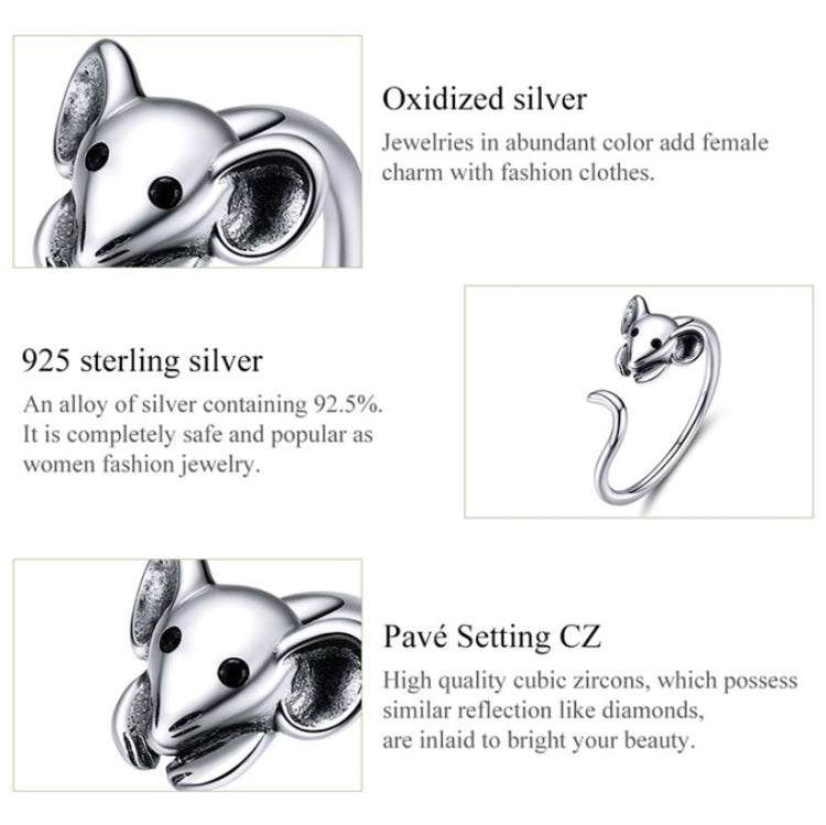 Anello aperto in argento sterling con ratto zodiacale
