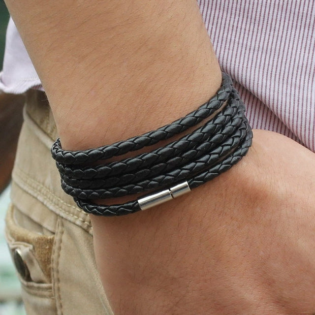 Bracciale in pelle da uomo con ciondolo vintage nero