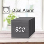 Sveglia digitale LED in legno con termometro e timer