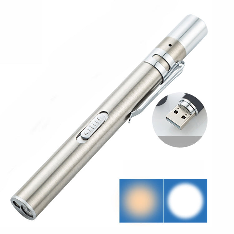 Torcia penna LED doppia luce bianca e gialla in acciaio inox