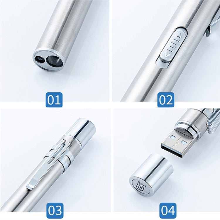 Torcia penna LED doppia luce bianca e gialla in acciaio inox