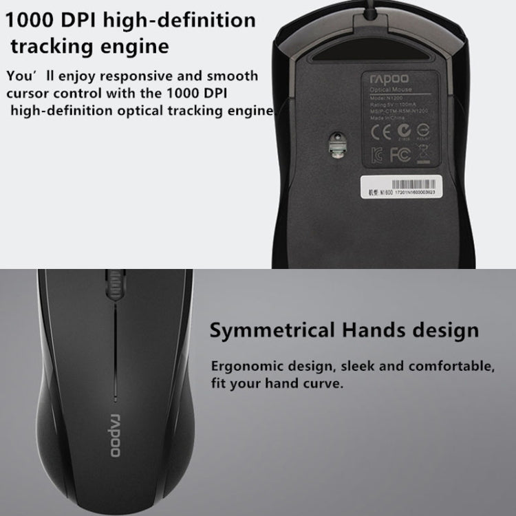 Rapoo N1600 Mouse cablato 1000 DPI 3 tasti silenzioso