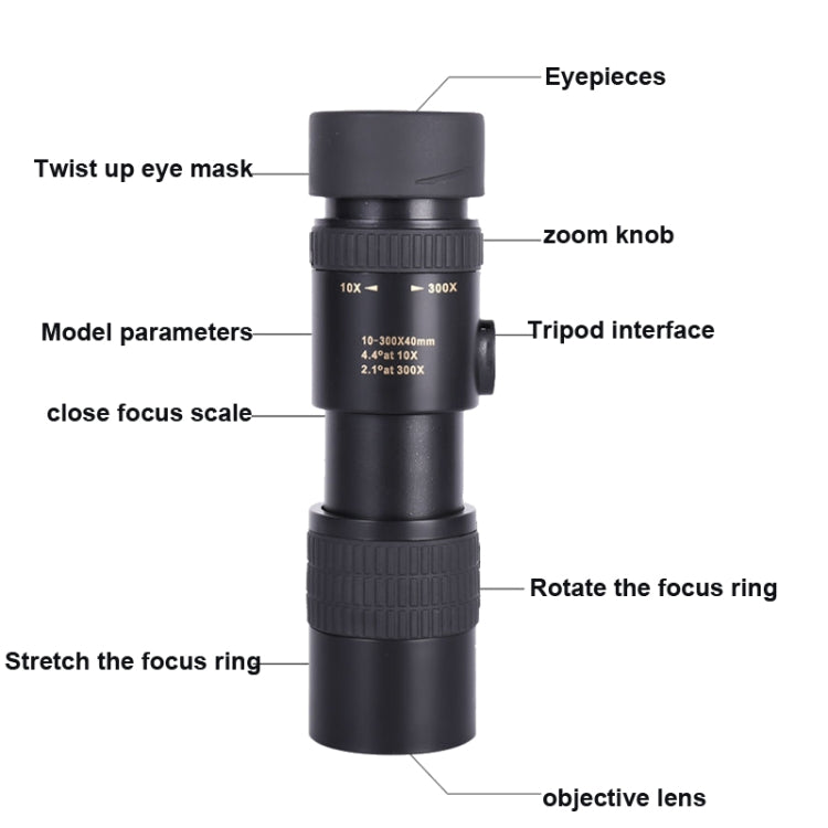Telescopio monoculare HD 10-300x40 con treppiede e supporto foto