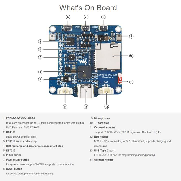 Scheda di sviluppo Waveshare ESP32-S3 con display LCD da 0,85 pollici 128×128, doppio microfono, Wi-Fi/BLE 5 e supporto AI., ESP32-S3-LCD-0.85