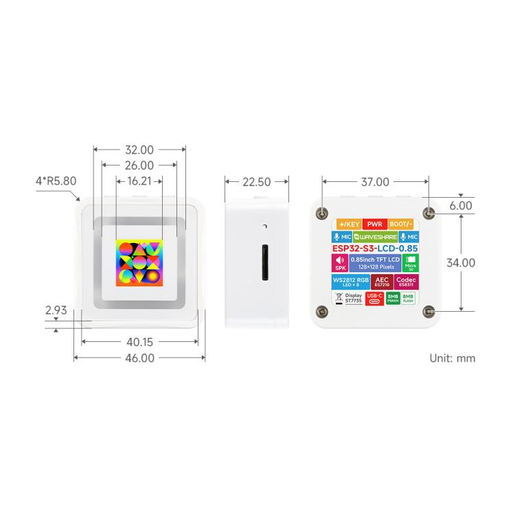Scheda di sviluppo Waveshare ESP32-S3 con display LCD da 0,85 pollici 128×128, doppio microfono, Wi-Fi/BLE 5 e supporto AI., ESP32-S3-LCD-0.85