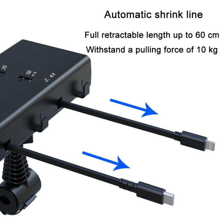 Caricabatterie auto USB 65W con doppio cavo retrattile