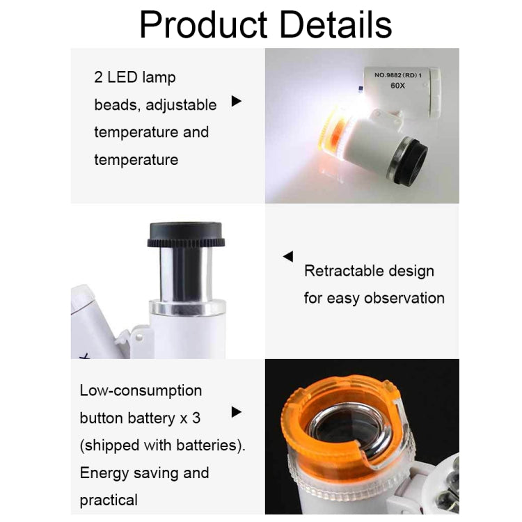 Microscopio ottico tascabile 60X con LED e lampada UV - immagine 7