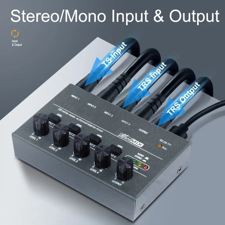 Mixer audio 4/6 vie con ingresso 6,35 mm in metallo