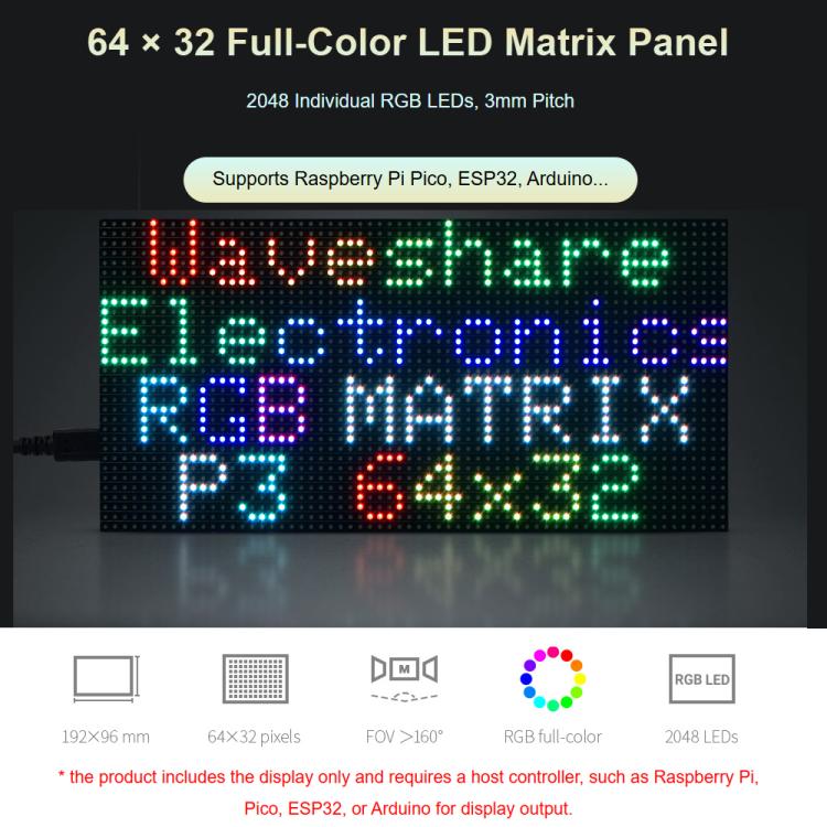 Pannello a matrice LED RGB a colori Waveshare, passo 3 mm, 64 × 32 pixel, luminosità regolabile,, 20117, 33840