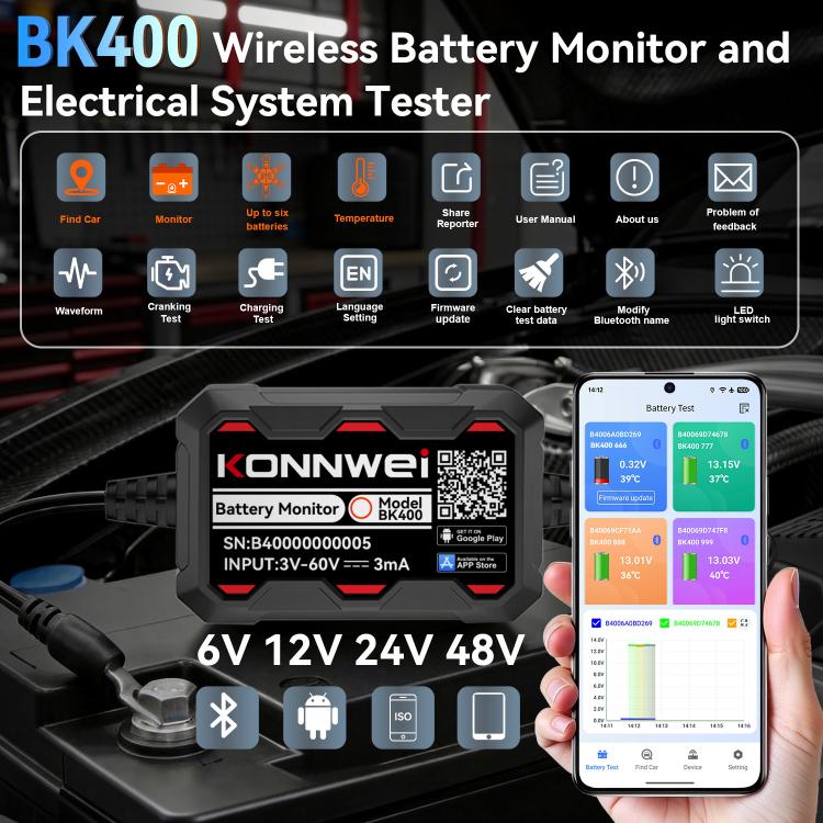 Strumento diagnostico per il monitoraggio della batteria dell'auto KONNWEI 360V, BK400