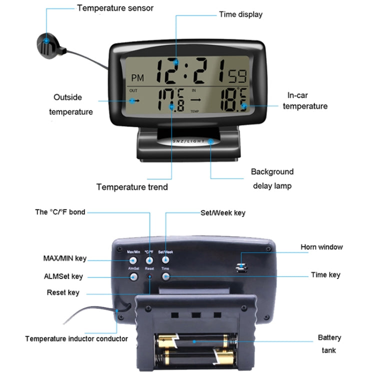 Orologio auto LCD con doppio termometro interno ed esterno
