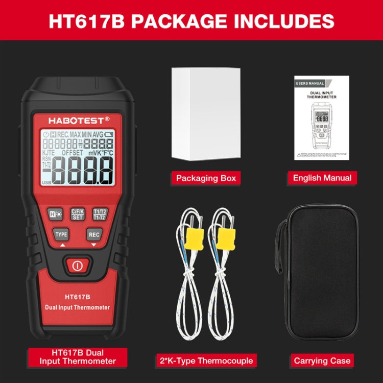 Termometro digitale HABOTEST HT617B a doppio canale con termocoppia - immagine 10