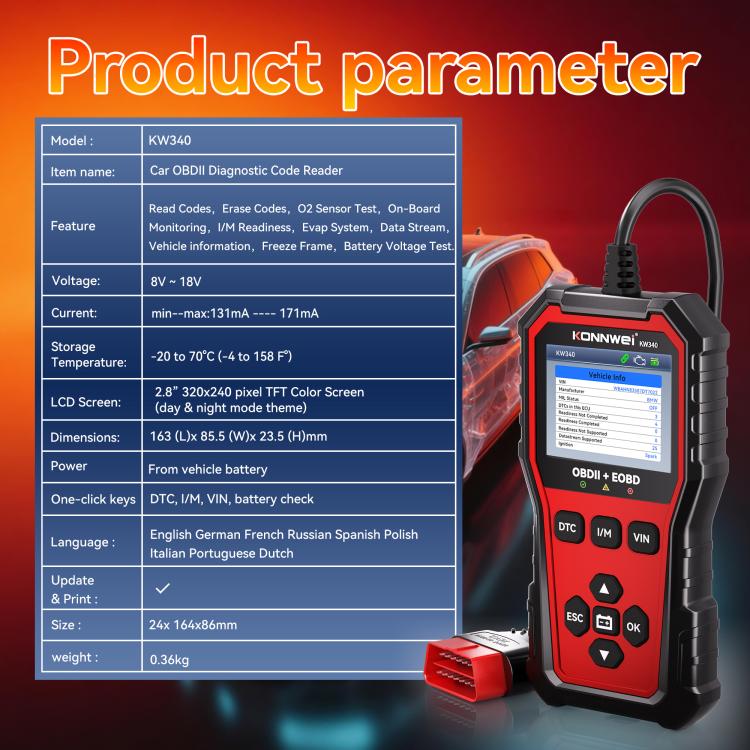 Lettore codici motore OBDII KW340 con display TFT 2,8 pollici
