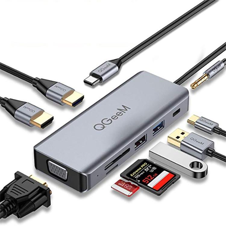 QGeeM Docking Station USB-C 9 in 1 con VGA e 2 HDMI