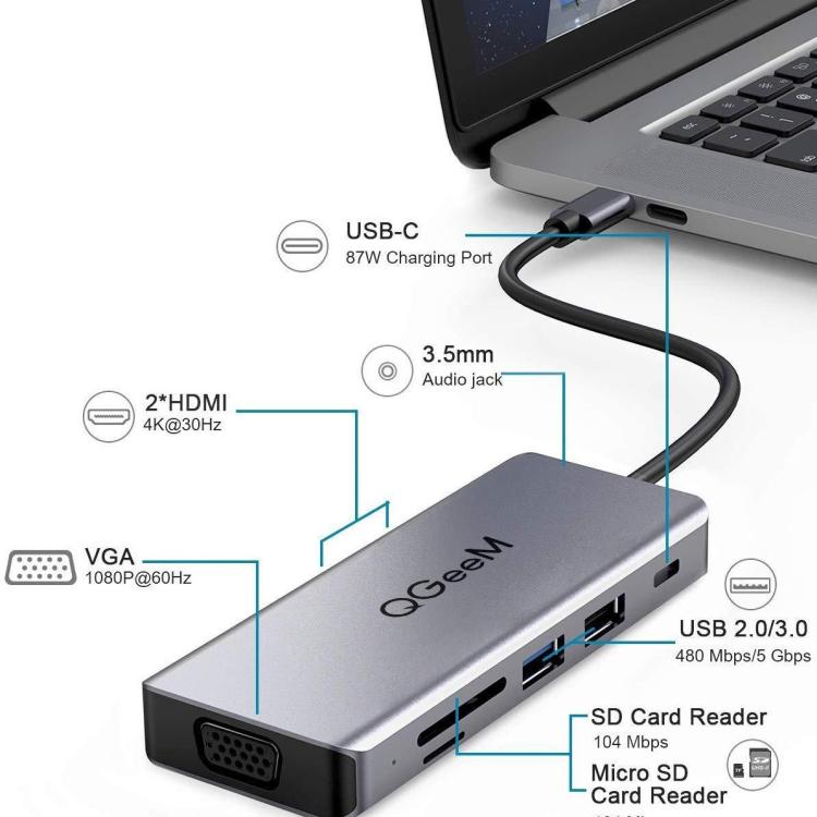 QGeeM Docking Station USB-C 9 in 1 con VGA e 2 HDMI