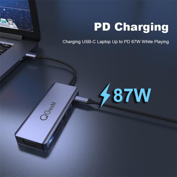 QGeeM Docking Station USB-C 9 in 1 con VGA e 2 HDMI