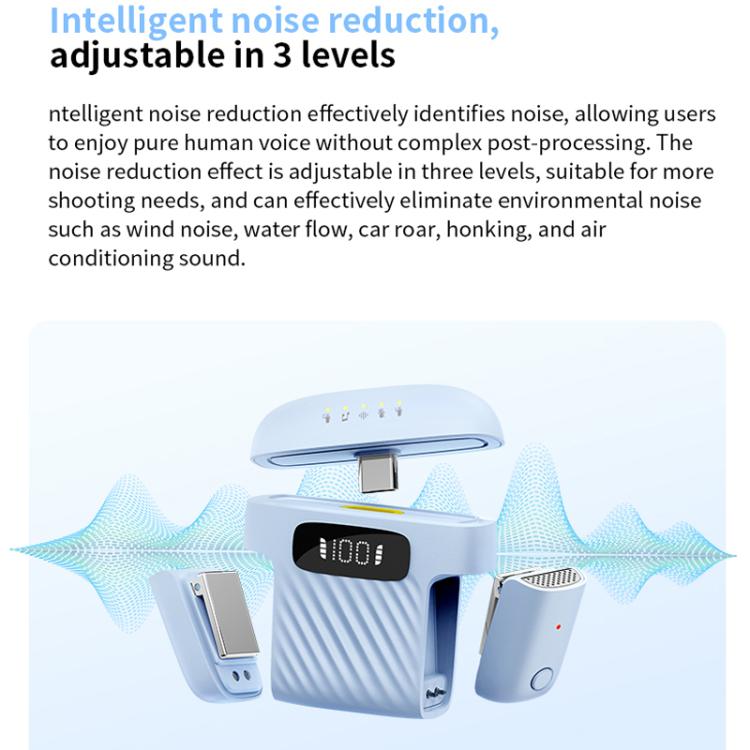Microfono wireless a clip da colletto con cancellazione del rumore, da uno a due, con custodia di ricarica.