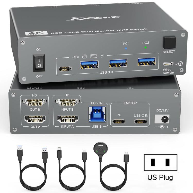 KVEVE KVM Switch USB 3.0 Dual Monitor 4K 60Hz