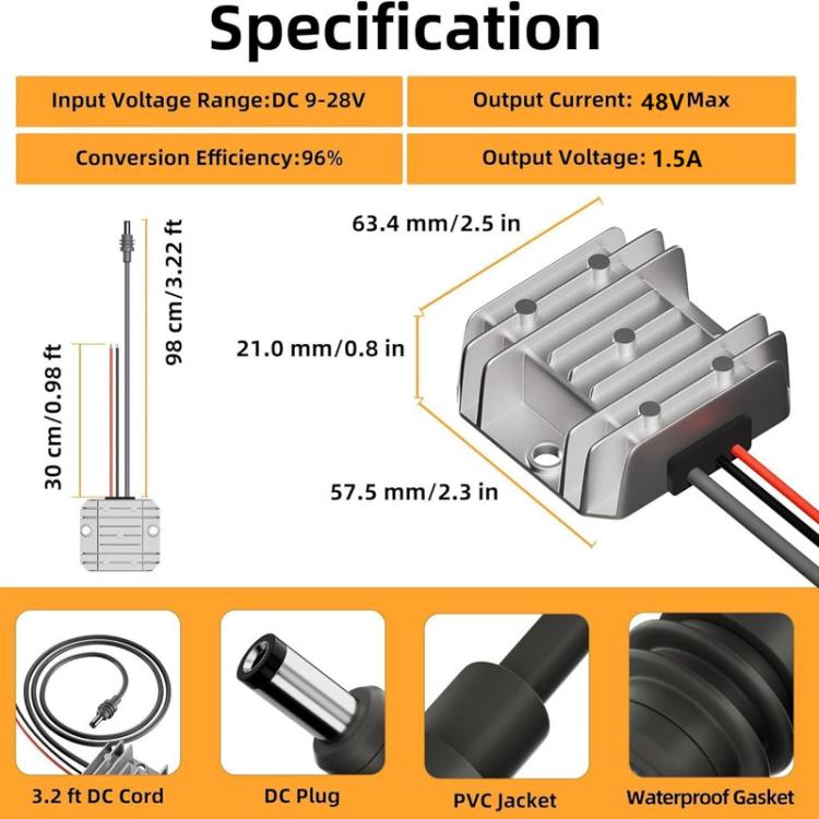 Convertitore di tensione 12V/24V a 48V 1,5A con cavo DC 1m
