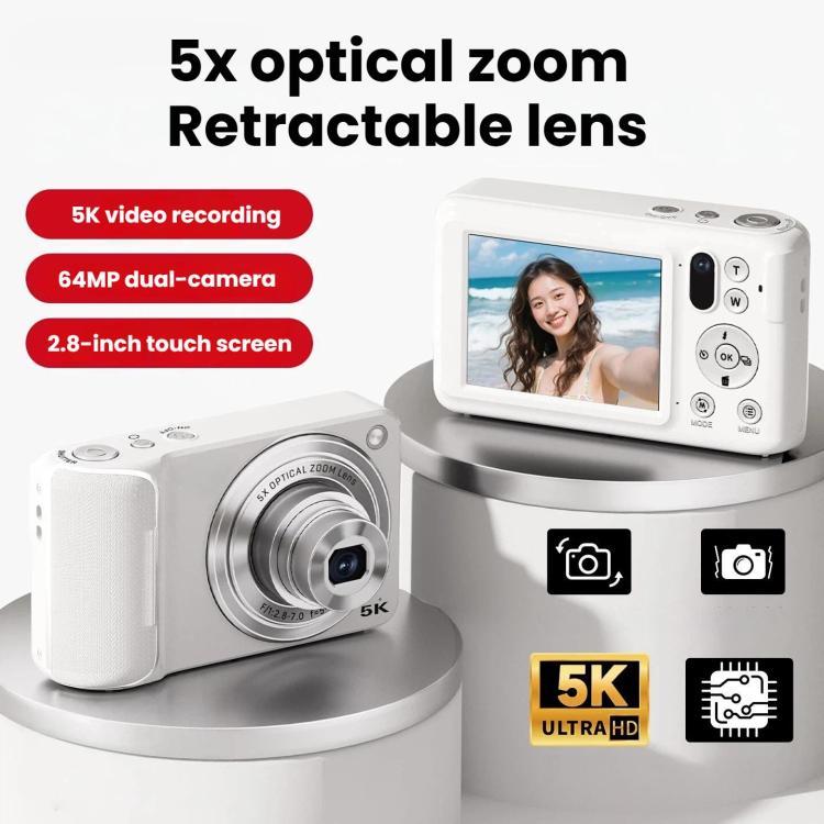 DC309X Fotocamera digitale con zoom ottico 6x, 64 MP e video 5K, schermo touch da 2,8 pollici, doppia lente anteriore/posteriore., EU Plug White, EU Plug Black, US Plug White, US Plug Black, UK Plug White, UK Plug Black