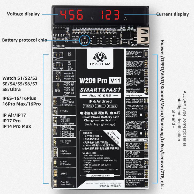 Scheda attivatrice batteria OSS TEAM W209 PRO V11 ad alta tensione 7,4 V per iPhone serie 6-17 e dispositivi Android, W209 PRO V11