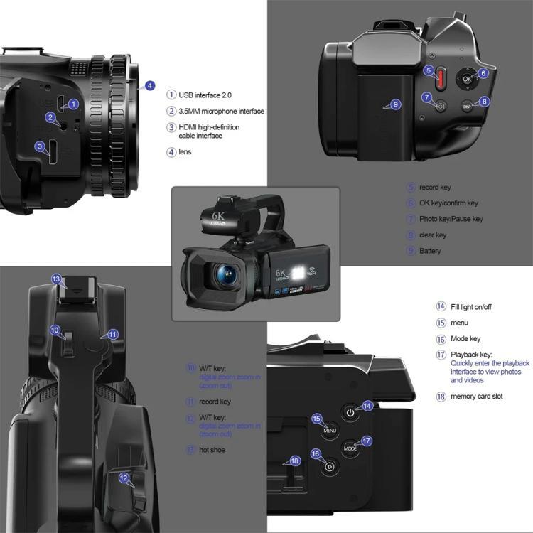 Videocamera Ultra HD da 64 MP con zoom digitale 18x e schermo touch da 4 pollici, risoluzione 6K., 6K 16G With Mic, 6K 32G With Mic