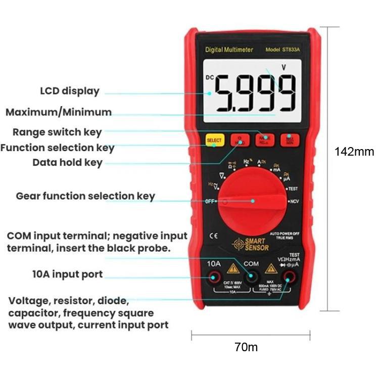 SMART SENSOR Multimetro digitale automatico portatile multifunzione ad alta precisione, ST833A
