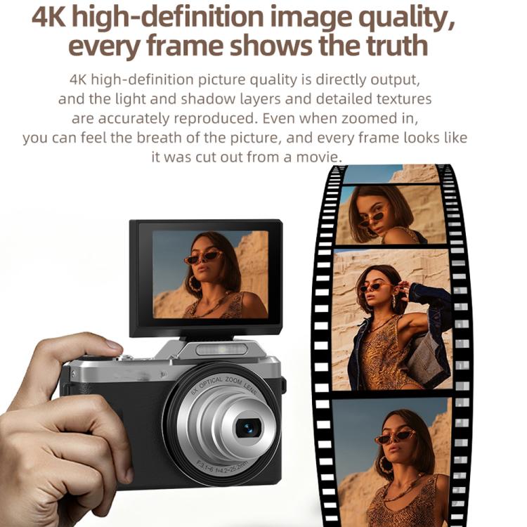 Videocamera D27 4K per vlogging, con fotocamera da 64 MP, zoom ottico 6x, schermo orientabile a 180 gradi e connettività Wi-Fi., D27 Black, D27 Brown