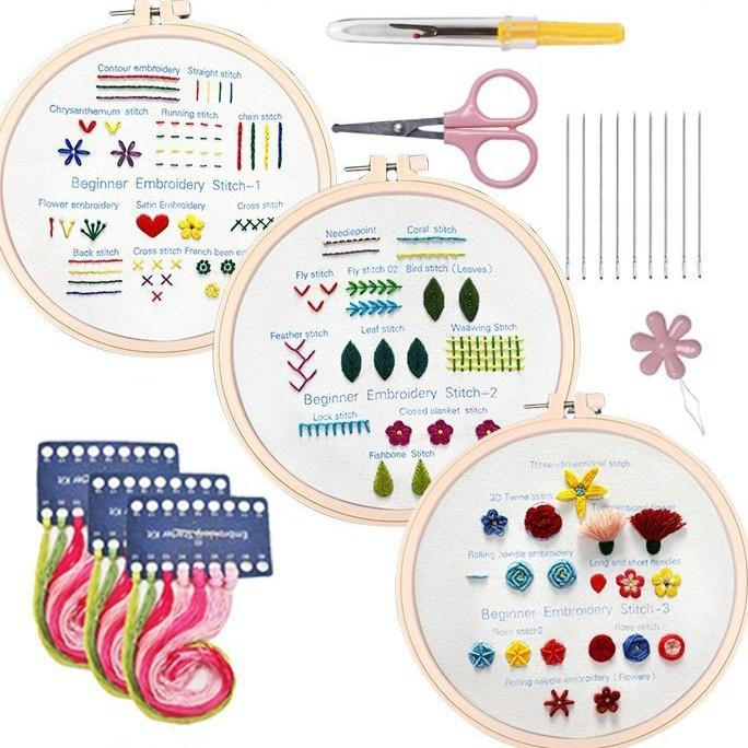 Kit di ricamo 3 in 1 per principianti con telaio e fili