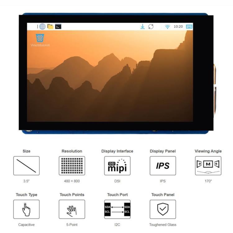 Display touch capacitivo DSI da 3,5 pollici WAVESHARE per Raspberry Pi, con supporto a 5 punti di contatto, risoluzione 480x800 pixel e pannello IPS.
