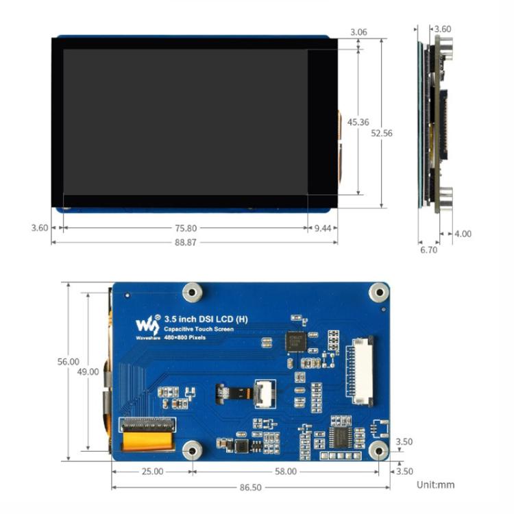 Display touch capacitivo DSI da 3,5 pollici WAVESHARE per Raspberry Pi, con supporto a 5 punti di contatto, risoluzione 480x800 pixel e pannello IPS.