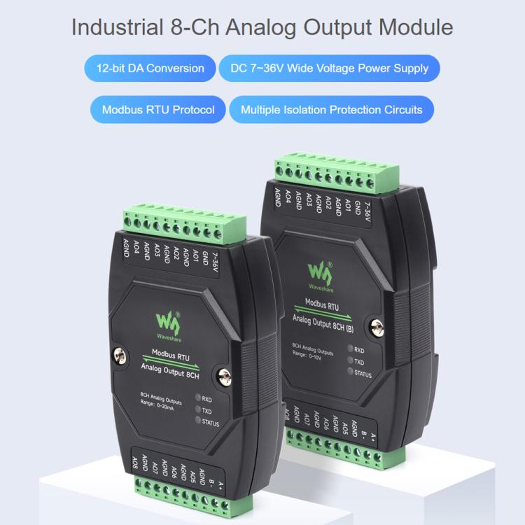 Modulo di uscita analogica industriale Waveshare a 8 canali con conversione DA a 12 bit, Modbus RTU Analog Output 8CH, Modbus RTU Analog Output 8CH (B)