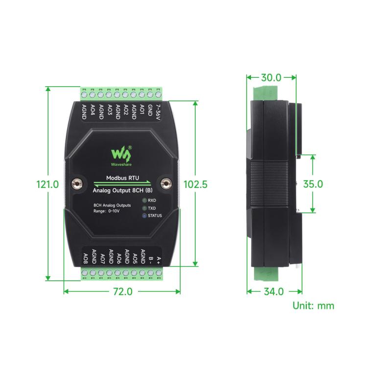 Modulo di uscita analogica industriale Waveshare a 8 canali con conversione DA a 12 bit, Modbus RTU Analog Output 8CH, Modbus RTU Analog Output 8CH (B)