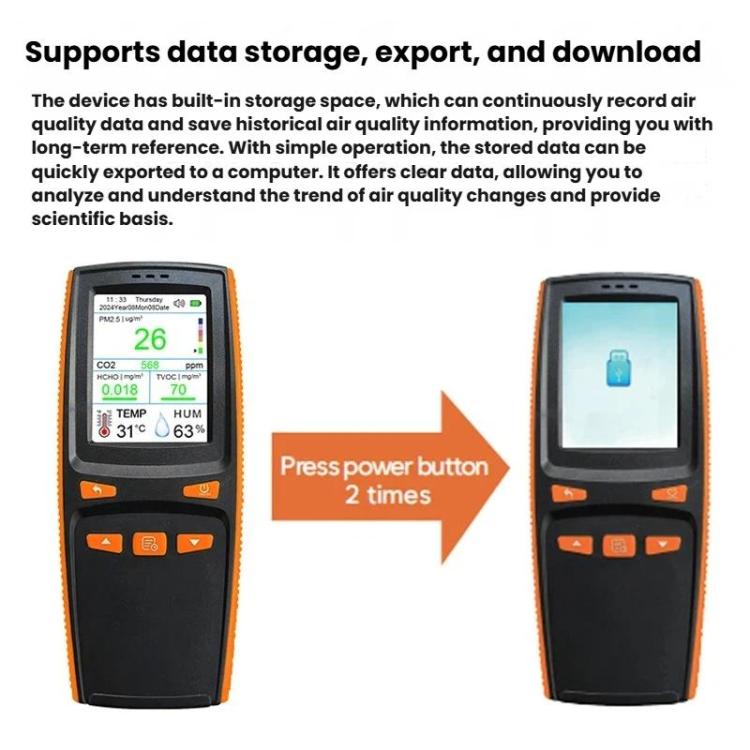 Monitor portatile 10 in 1 per la qualità dell'aria con esportazione dati su PC, rilevatore per CO2, PM2.5, PM10, HCHO, TVOC, AQI, temperatura e umidità., DM509