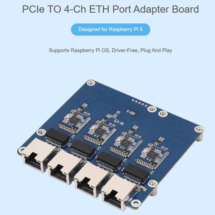Scheda adattatore Waveshare PCIe a 4 porte ETH, compatibile con Raspberry Pi OS, senza driver, plug and play., Gigabit ETH, 2.5G ETH