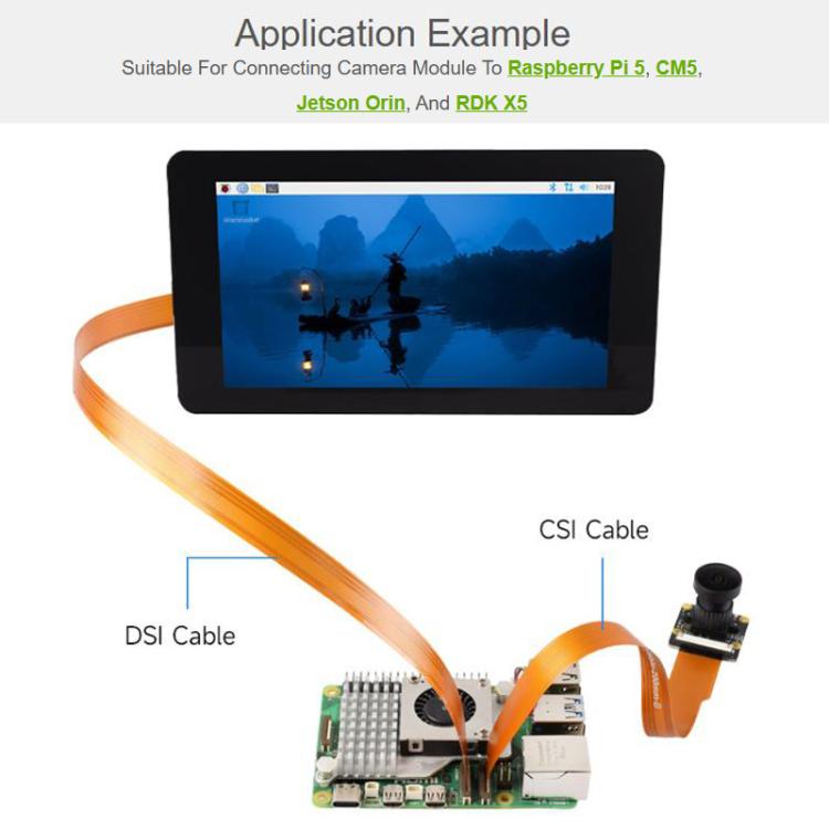 Cavo flessibile Waveshare CSI FPC per Raspberry Pi 5 da 22 pin a 15 pin, adatto per telecamere CSI., 200mm, 300mm, 500mm