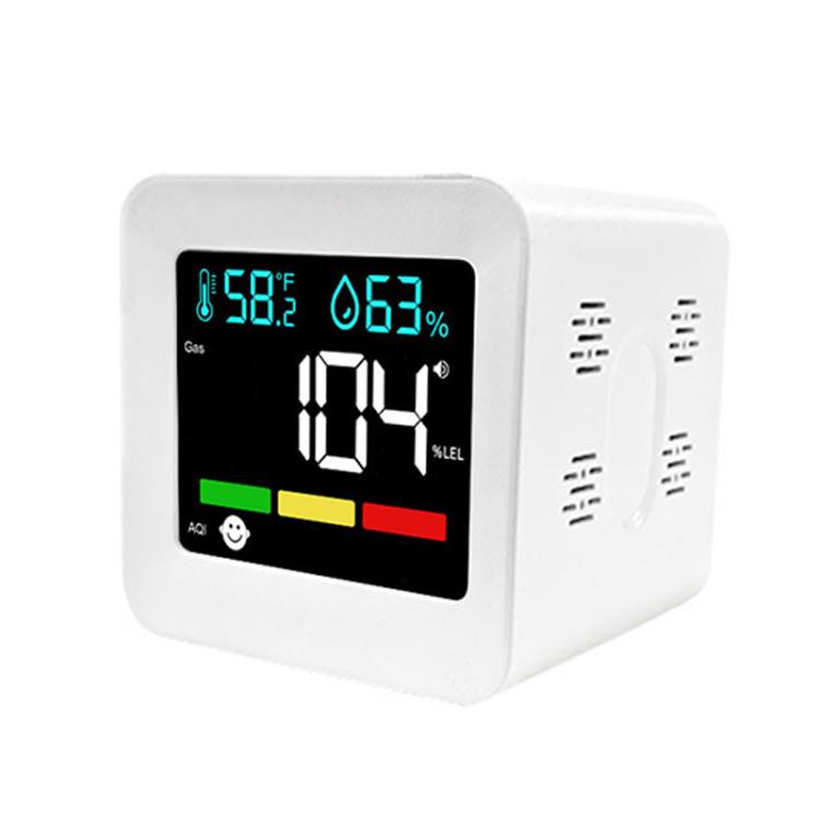 Monitor di qualità dell'aria 5 in 1 con spina, rilevatore di CO, gas combustibili, AQI, temperatura e umidità con allarme., DM296