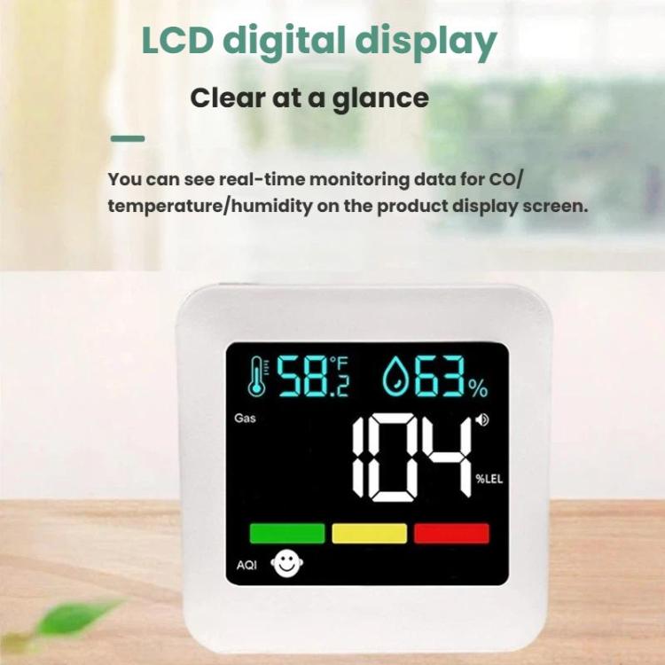 Monitor di qualità dell'aria 5 in 1 con spina, rilevatore di CO, gas combustibili, AQI, temperatura e umidità con allarme., DM296