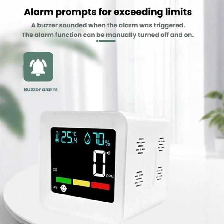 Monitor di qualità dell'aria 5 in 1 con spina, rilevatore di CO, gas combustibili, AQI, temperatura e umidità con allarme., DM296