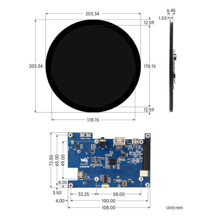 Waveshare Display touch capacitivo rotondo da 7 pollici con HDMI, LCD 1080x1080, multi-touch a 10 punti per Raspberry Pi e Arduino (fai da te), 7inch 1080x1080 LCD