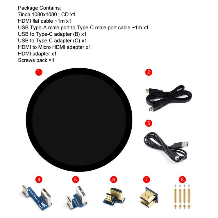 Waveshare Display touch capacitivo rotondo da 7 pollici con HDMI, LCD 1080x1080, multi-touch a 10 punti per Raspberry Pi e Arduino (fai da te), 7inch 1080x1080 LCD