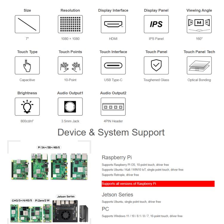 Waveshare Display touch capacitivo rotondo da 7 pollici con HDMI, LCD 1080x1080, multi-touch a 10 punti per Raspberry Pi e Arduino (fai da te), 7inch 1080x1080 LCD